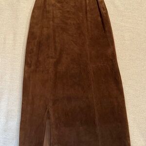 Vintage Long Rich Cinnamon Brown Suede Skirt with offset front slit